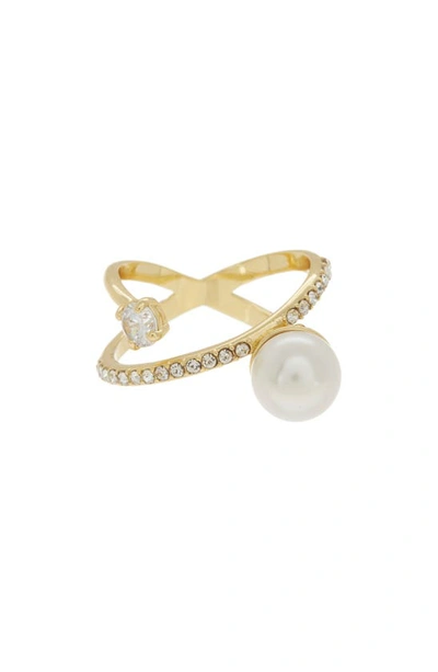 Covet Imitation Pearl Faux Wrap Ring In Gold