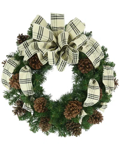 Creative Displays 26in Holiday Wreath With Pinecones And Black Plaid Bow In Cream