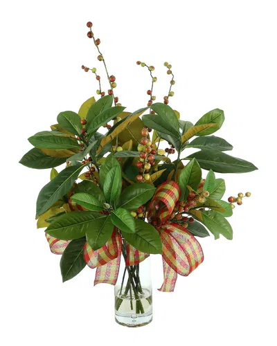 Creative Displays Magnolia Leaf And Berry Holiday Arrangement With Plaid Bows In Green