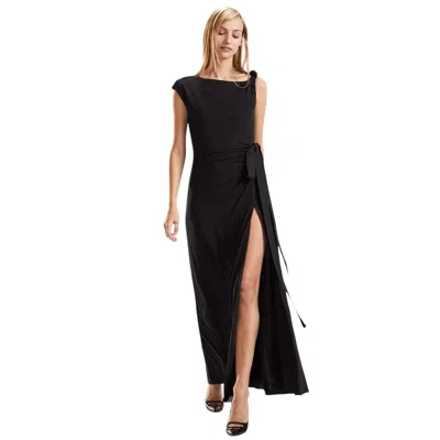 Cynthia Rowley Knotted Shoulder Ribbon Tie Maxi Dress In Black