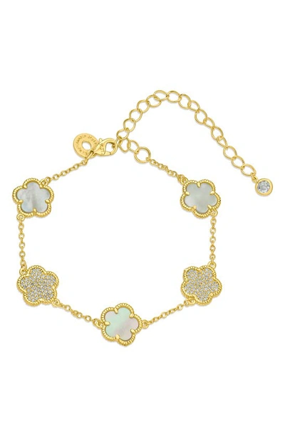 Cz By Kenneth Jay Lane Cz Clover Station Chain Bracelet In Mother Of Pearl/ Gold