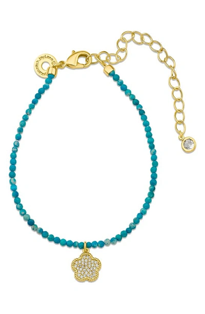 Cz By Kenneth Jay Lane Cz Pavé Clover Glass Bead Bracelet In Turquoise/ Gold