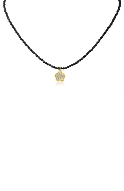 Cz By Kenneth Jay Lane Cz Pavé Clover Glass Bead Necklace In Black/ Gold