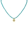 Cz By Kenneth Jay Lane Cz Pavé Clover Glass Bead Necklace In Turquoise/ Gold