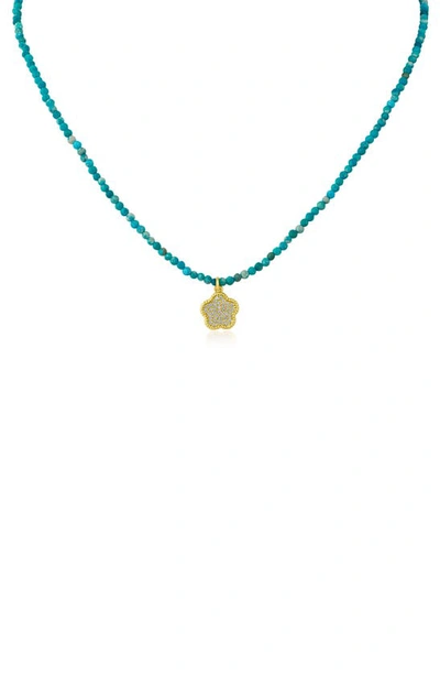 Cz By Kenneth Jay Lane Cz Pavé Clover Glass Bead Necklace In Blue