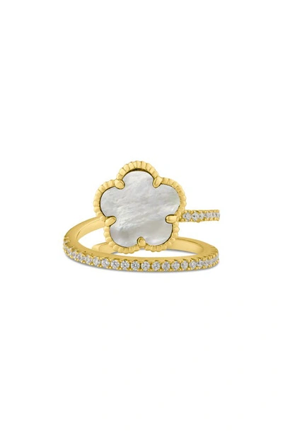 Cz By Kenneth Jay Lane Women's 14k Yellow Gold, Mother Of Pearl & Cubic Zirconia Clover Wrap Ring