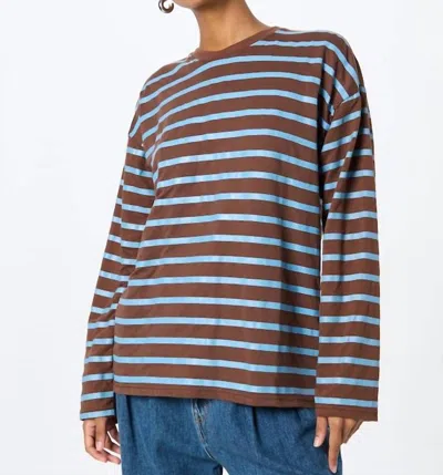 Daisy Street Striped Crew Neck Long Sleeve Top In Navy/brown