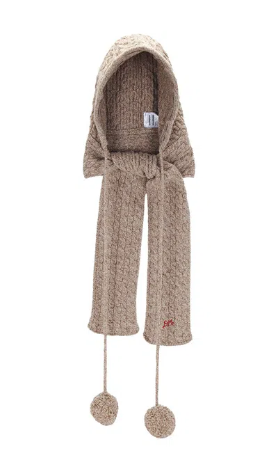 Damson Madder Hooded Pom Pom Scarf In Oatmeal