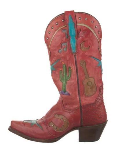 Pre-owned Dan Post Leather Graphic Print Western Boots In Red