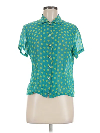 Pre-owned Dana Buchman Short Sleeve Silk Top Teal Polka Dots Pattern Mock Neckline Tops