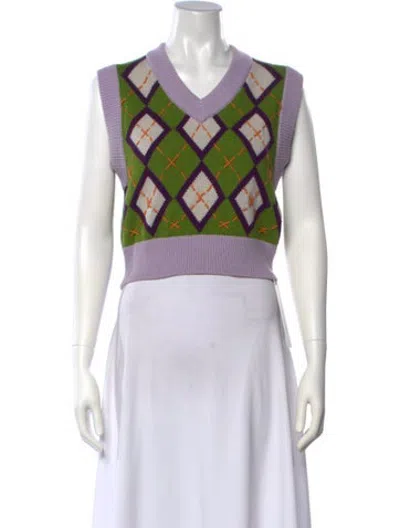 Pre-owned Danielle Guizio Graphic Print V-neck Sweater In Green