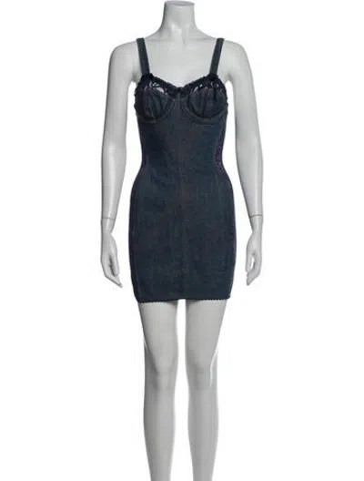 Pre-owned Danielle Guizio Square Neckline Mini Dress In Blue