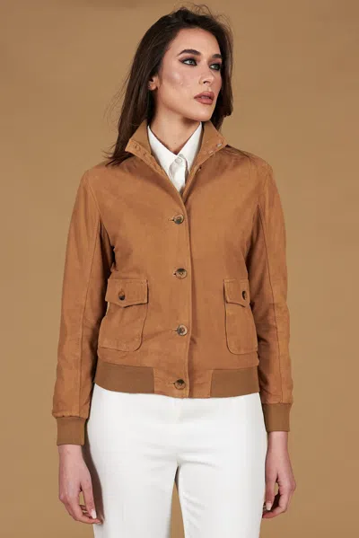 D'arienzo Beige Suede Leather Bomber Jacket With Buttons In Brown