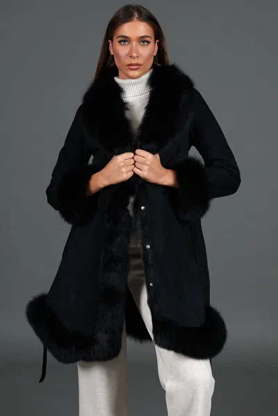 D'arienzo Black Lamb Shearling Coat With Fox Fur Collar In Multi