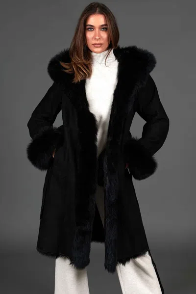 D'arienzo Black Lamb Shearling Coat With Fox Fur Edged Hood