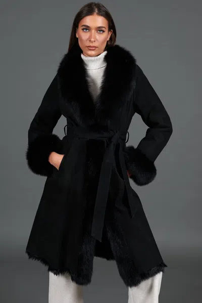 D'arienzo Black Lamb Shearling Coat With Fox Fur Edges