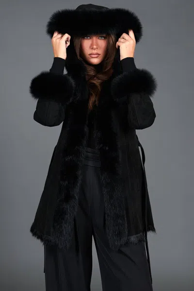 D'arienzo Black Lamb Shearling Short Coat With Fox Fur Edged Hood
