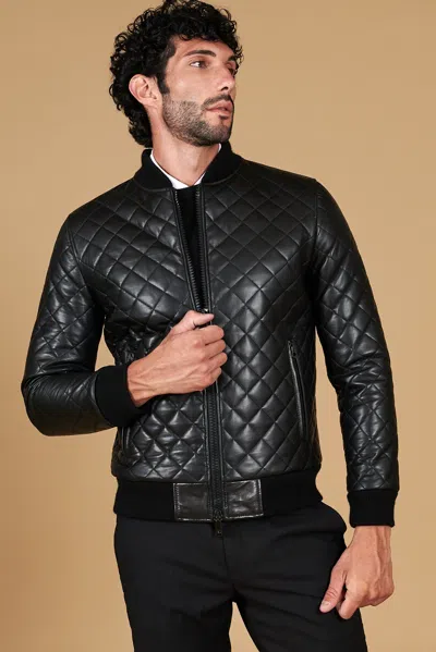 D'arienzo Black Leather Bomber Diamond-quilted Jacket