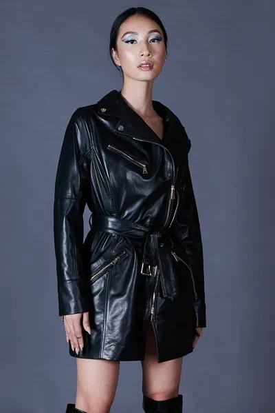 D'arienzo Black Leather Dress Biker Jacket With Belt And Loops