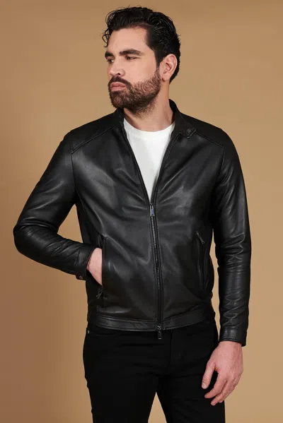 D'arienzo Black Nappa Lamb Leather Biker Jacket Korean Collar