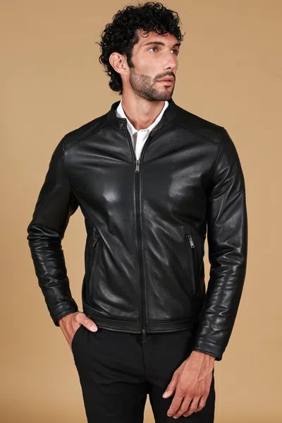 D'arienzo Black Nappa Lamb Leather Biker Jacket Korean Collar