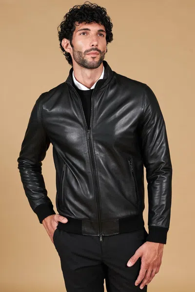 D'arienzo Black Nappa Lamb Leather Bomber Jacket Smooth Aspect