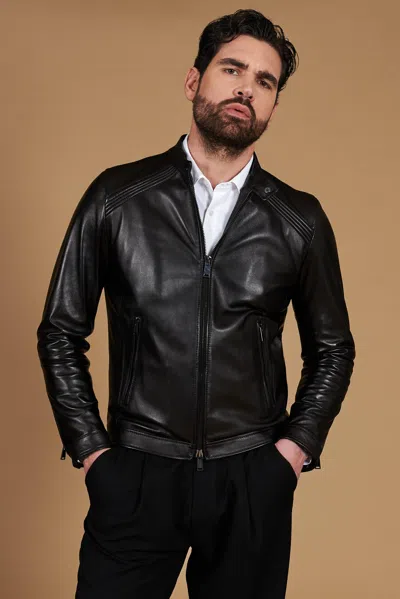 D'arienzo Black Nappa Leather Biker Jacket Stitching On The Shoulders