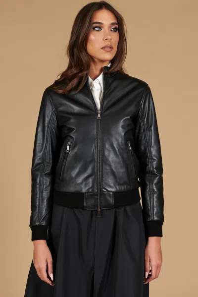 D'arienzo Black Natual Lamb Leather Bomber Jacket Korean Collar