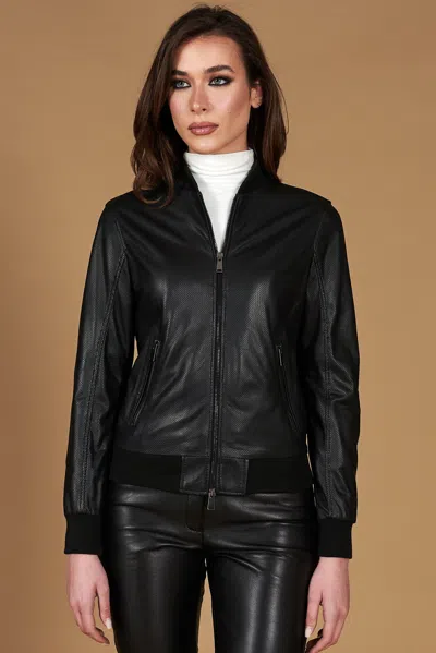 D'arienzo Black Perforated Lamb Leather Bomber Jacket