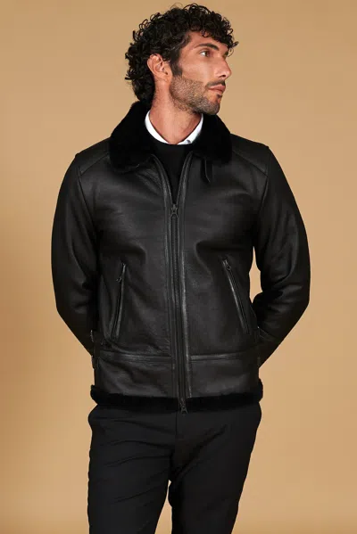 D'arienzo Black Shearling Lamb Biker Jacket Shirt Buckle Collar