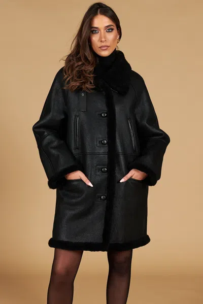 D'arienzo Black Shearling Leather Coat Shirt Collar In Blue