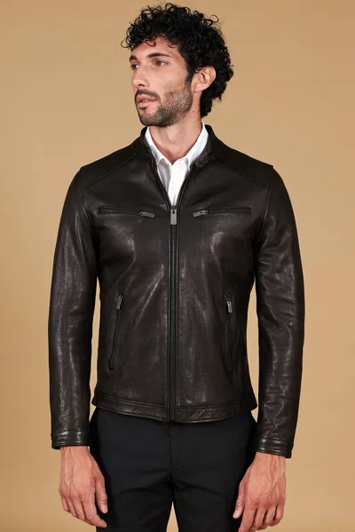 D'arienzo Black Vegetable Leather Biker Jacket Washed Effect In Multi
