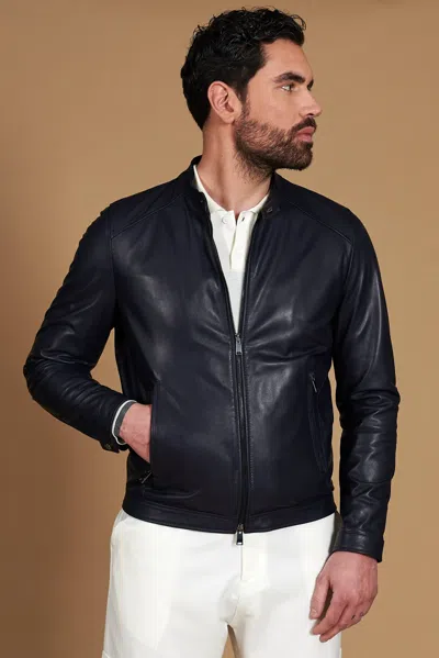 D'arienzo Blue Bomber Jacket In Perforated Leather With Matching Elastic Band In Black