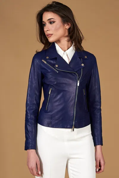 D'arienzo Blue Electric Natural Lamb Leather Biker Jacket Cross Zipper In Multi