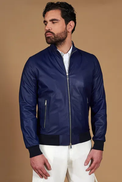 D'arienzo Blue Electric Natural Lamb Leather Bomber Jacket Korean Collar