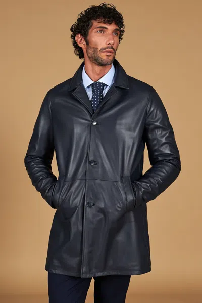 D'arienzo Blue Lamb Leather Coat Smooth Aspect Jacket Collar