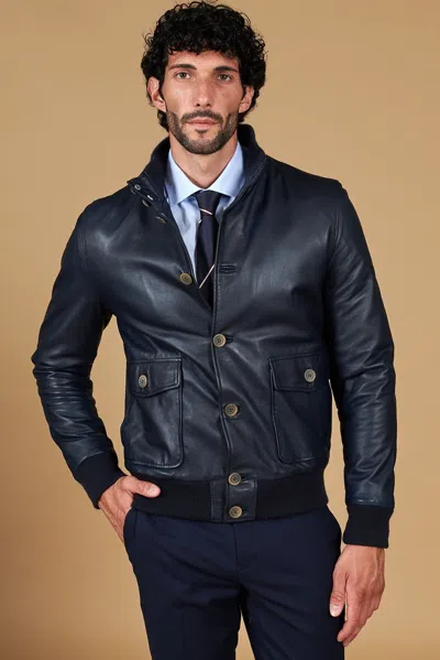 D'arienzo Blue Nappa Lamb Leather Bomber Jacket Flap Pockets