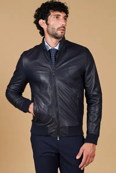 D'arienzo Blue Nappa Lamb Leather Bomber Jacket Smooth Aspect In Black