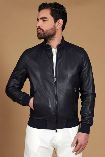 D'arienzo Blue Nappa Lamb Leather Bomber Jacket Smooth Aspect In Multi