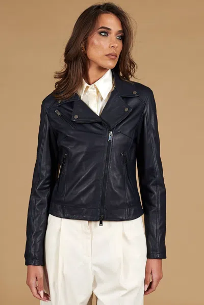 D'arienzo Blue Natural Lamb Leather Biker Jacket Cross Zipper In Animal Print