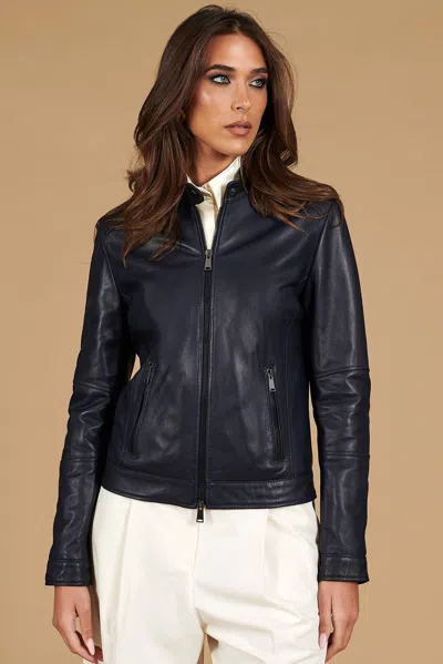 D'arienzo Blue Natural Lamb Leather Biker Jacket Smooth Aspect In Multi