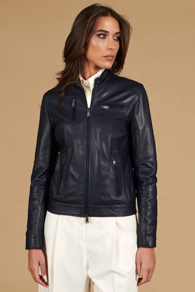 D'arienzo Blue Natural Leather Biker Jacket Four Zipper Pockets