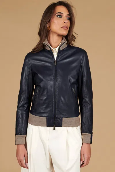 D'arienzo Blue Natural Leather Bomber Jacket Merino Wool Collar