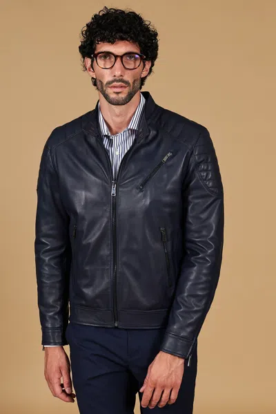 D'arienzo Blue Quilted Lamb Leather Biker Jacket Three Zipper Pockets