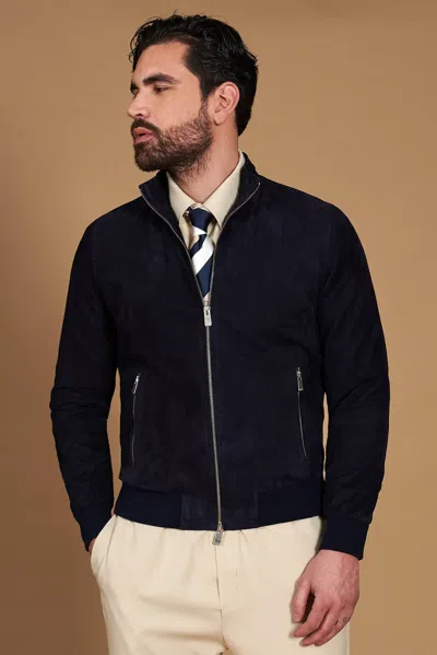 D'arienzo Blue Suede Leather Bomber Jacket Tone In Tone In Black