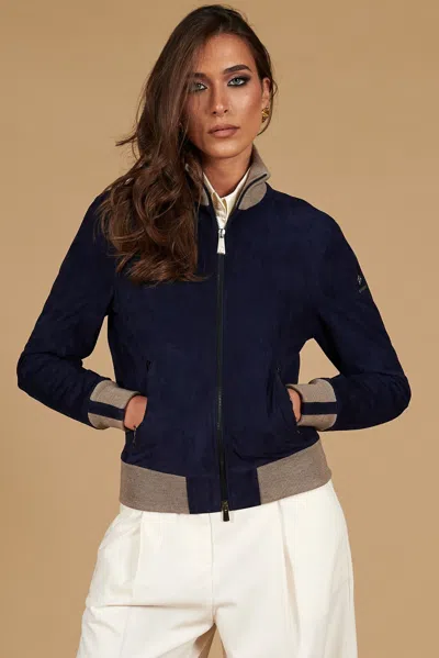 D'arienzo Blue Suede Leather Bomber Jacket With Merino Wool Collar In Multi