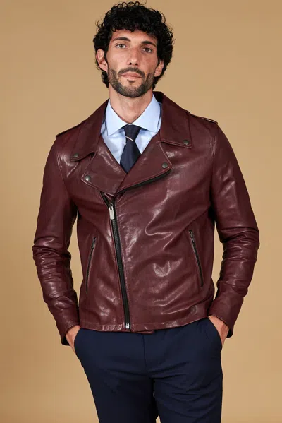 D'arienzo Bordeaux Lamb Leather Biker Jacket Flaps On The Shoulders In Brown