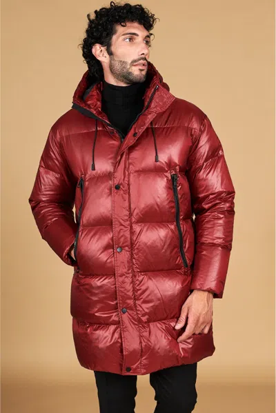 D'arienzo Bordeaux Long Jacket In Real Down That Can Be Folded Up Into A Backpack In Red