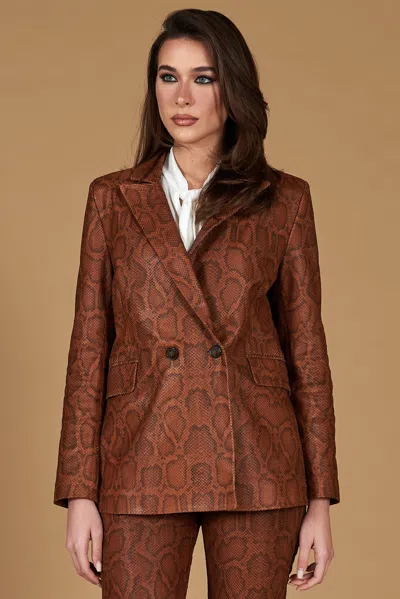 D'arienzo Brown Double-breasted Leather Blazer Phyton Print In Animal Print