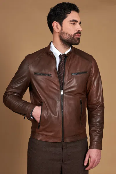 D'arienzo Brown Natural Lamb Leather Biker Jacket Four Zipper Pockets